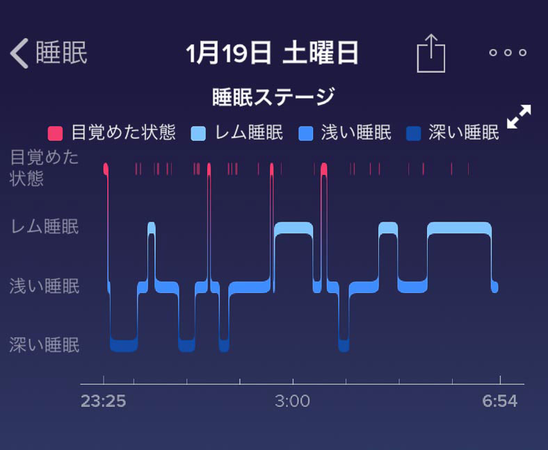 fitbit アプリ：睡眠ステージ（レム睡眠、浅い睡眠、深い睡眠）